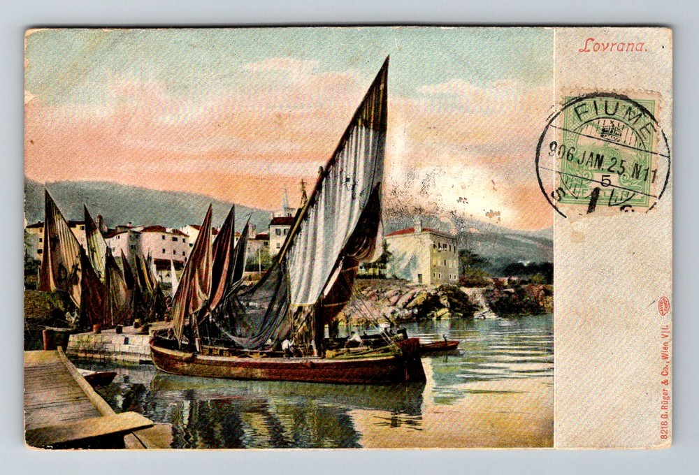 Croatia- Lovrana Harbor Sailboats Postal Old Card PC View Vintage c1906 Postcard