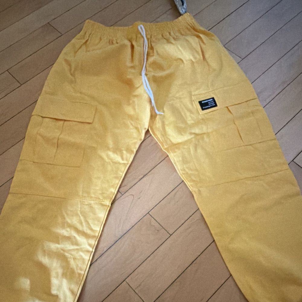 Men's Yellow Cargo Pants Drawstring Elastic Waist Pockets Activewear