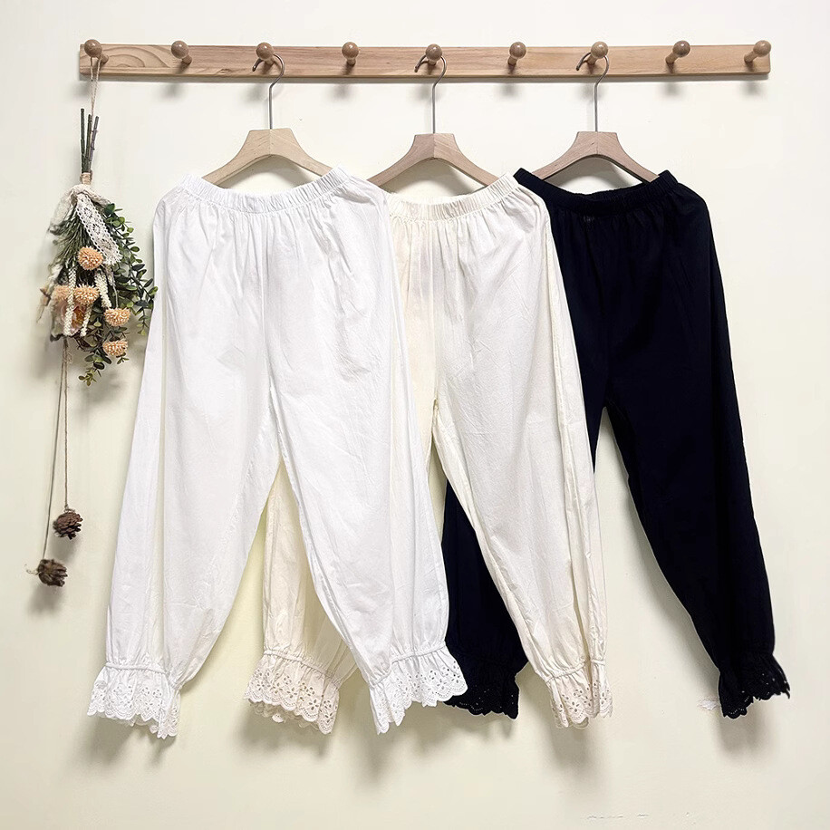 Retro Womens Loose Bloomer Pants with Embroidered Hem Cotton Blend Hollow Design  