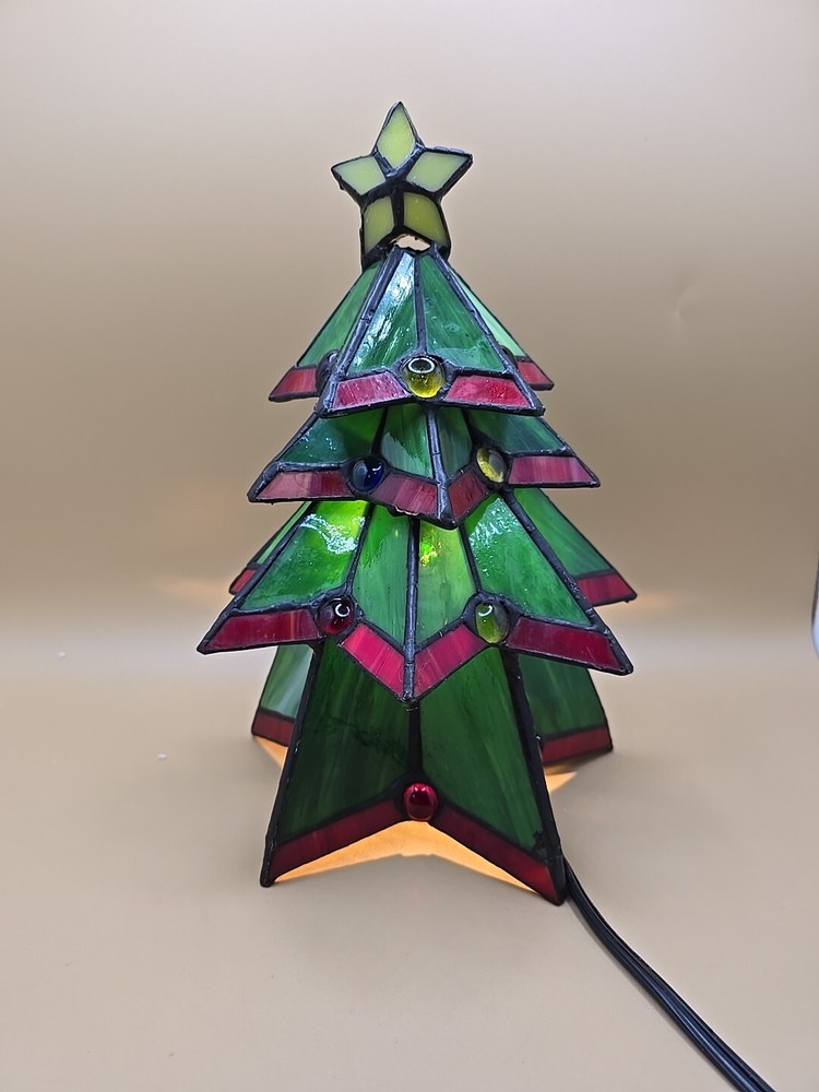 Vtg Elements Tiffany Style Stained Glass Christmas Tree Accent Lamp 10.75