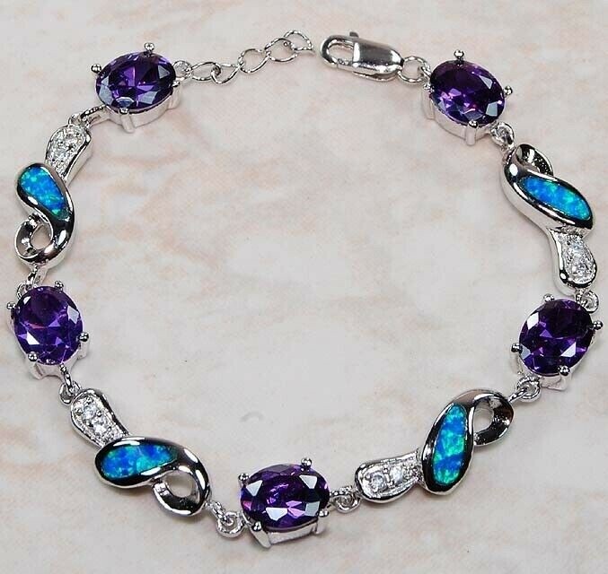 Amethyst & Australian Opal Inlay 925 Solid Sterling Silver Tennis Bracelet OB1