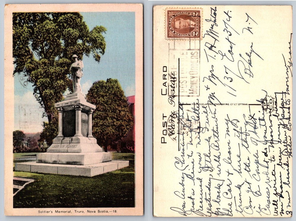 Soldiers Memorial Truro Nova Scotia Postcard