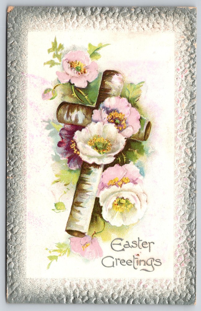 Easter Holiday~White & Purple Flowers On Wooden Cross~Vintage Postcard