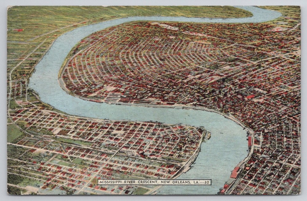 New Orleans LA Mississippi River Crescent Aerial View Linen Postcard