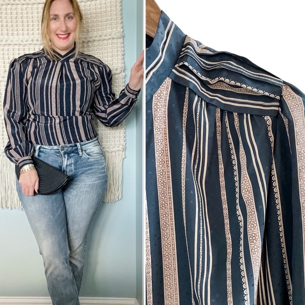 Vintage striped patterned puff shoulder button back neck blouse small size S