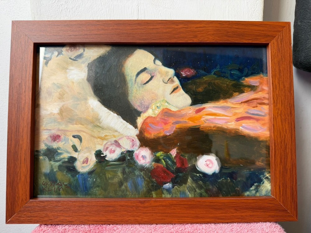 gustav klimt , framed oil painting on wood, sealed and signed.