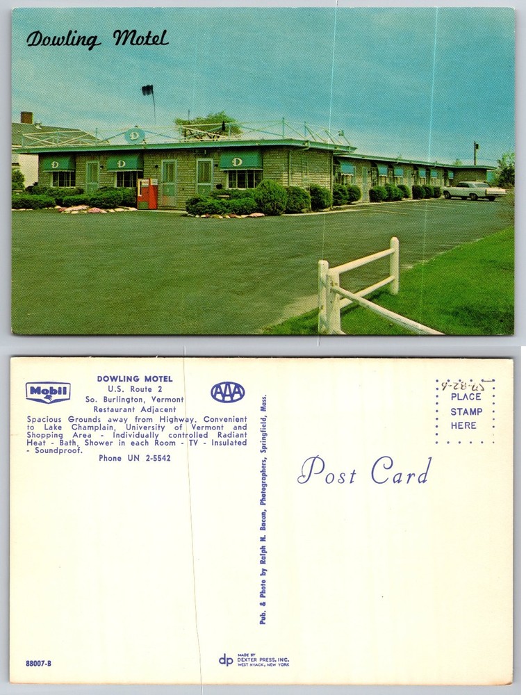 Vintage Dowling Motel Postcard South Burlington Vermont US Route 2 Chrome AAA