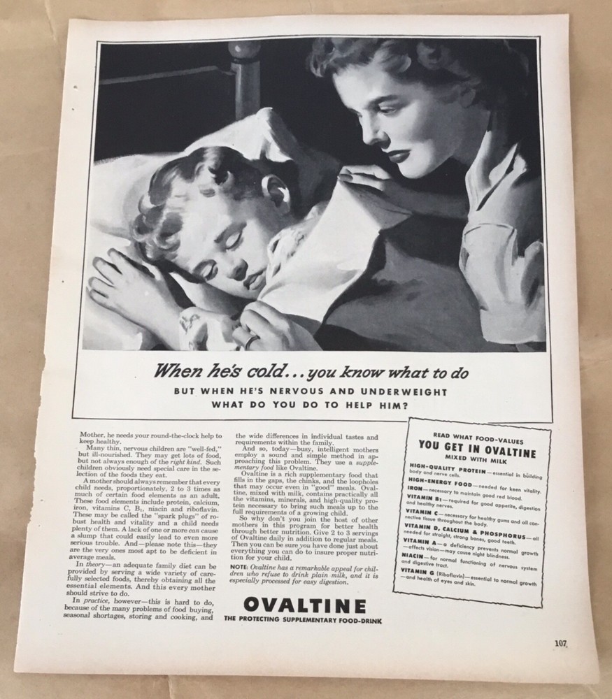 Ovaltine drink 1950 vintage print ad 50s art retro decor illustration mom & boy
