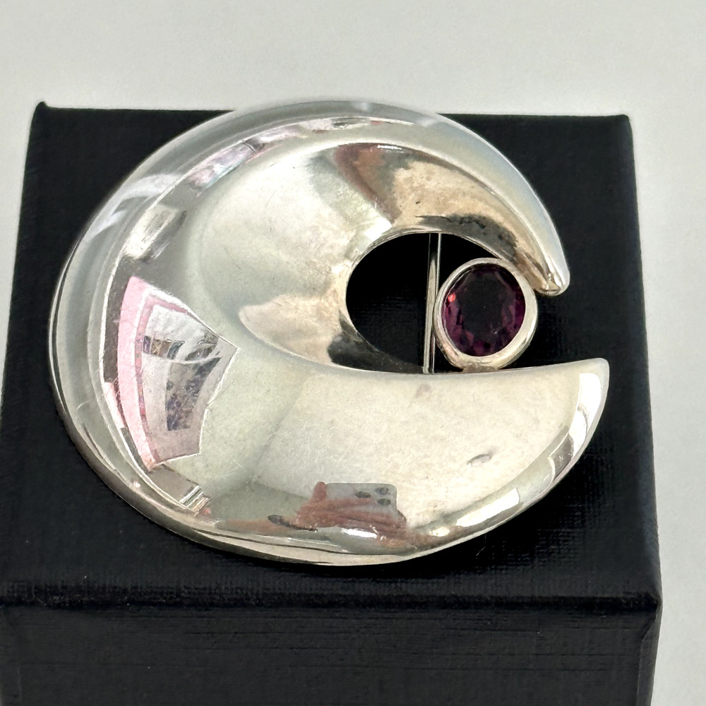 Vintage Sterling Silver Amethyst Modernist Swirl Wave Brooch Pin