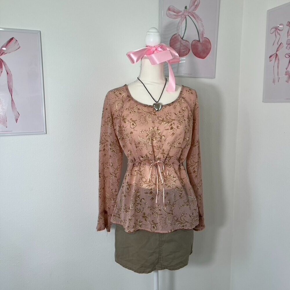 Vintage Y2K George Pink Floral Sheer Mesh Milkmaid Tie Front Top Womens Large