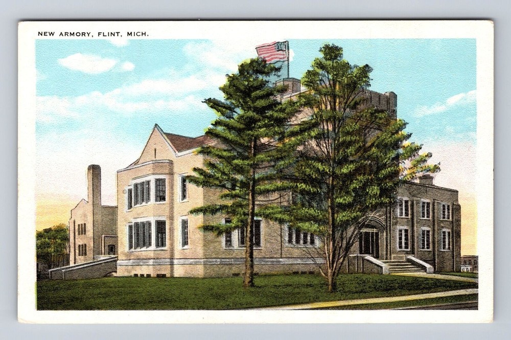 Flint MI-Michigan, New Armory, Antique Vintage Souvenir Postcard