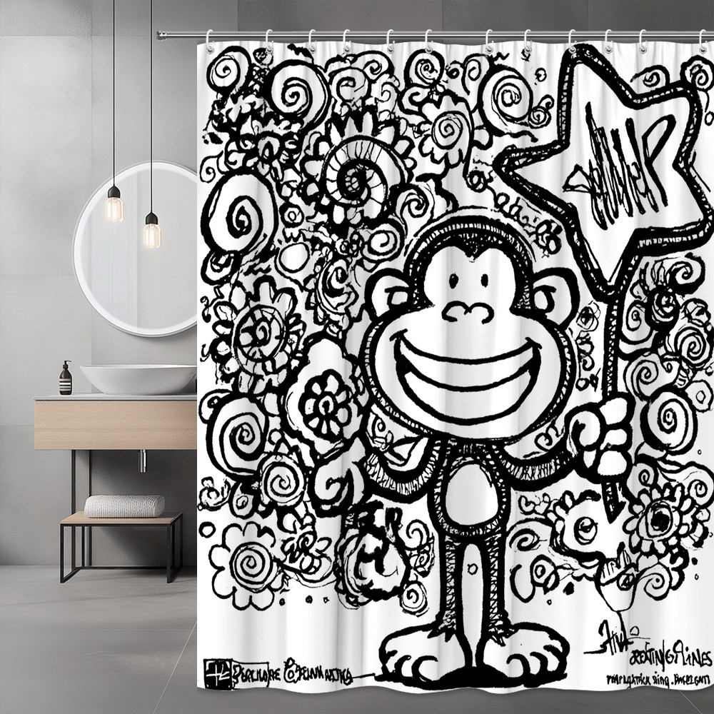 Monkey and Star Black White Shower Curtain Cartoon Print