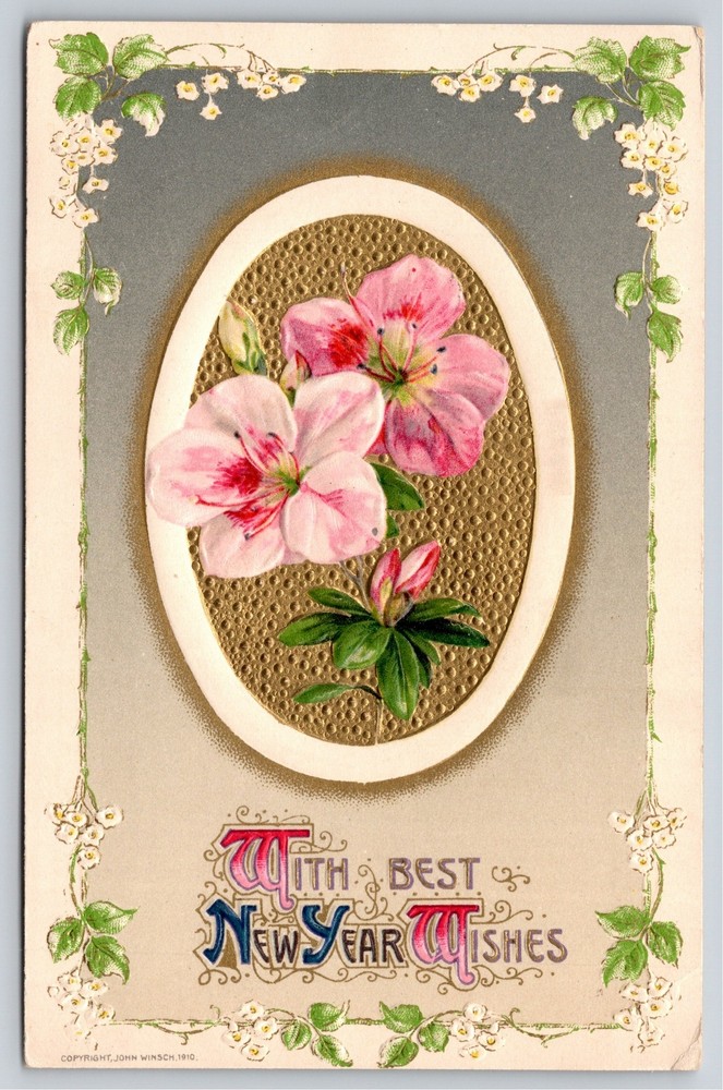 Winsch~Best New Year Wishes~Pink Flowers In Oval Frame~Emb~Vintage Postcard