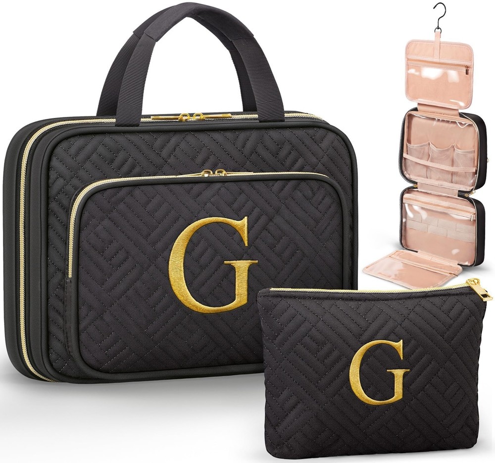 Custom Initial Hanging Toiletry & Makeup Bag Set - Personalized Birthday Gift for Women
