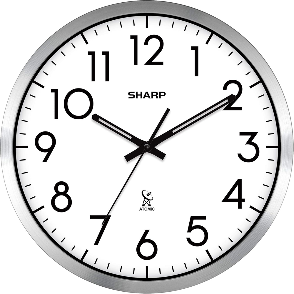 Atomic Analog Wall Clock 12 Inch Silver Brushed Finish Auto-Set Battery Powered