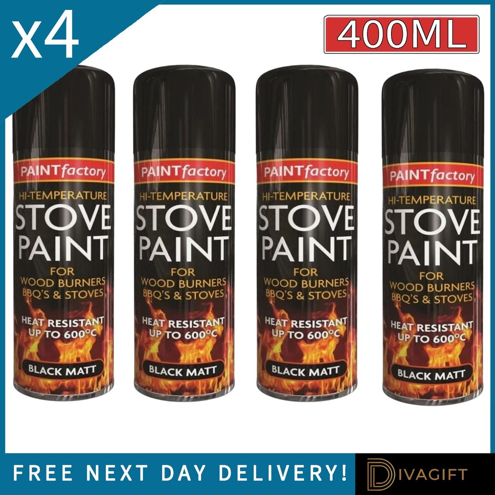 4 x 400ML STOVE PAINT HIGH TEMPERATURE SPRAY PAINT BLACK MATT HEAT RESISTANT BBQ