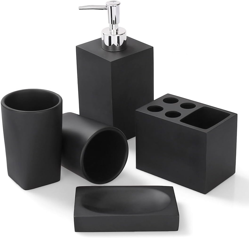 Matte Black 5-Piece Marble Look Bathroom Set with Soap Dispenser