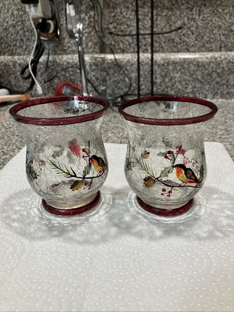 Set of 2 Yankee Candle Cracked Glass Bird Candle Holders for Christmas Decor