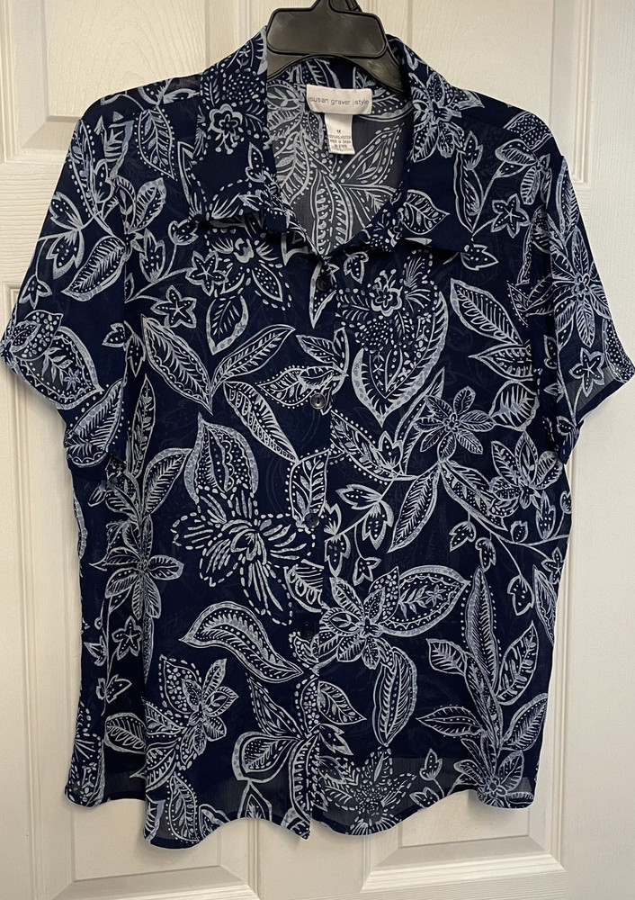 Susan Graver Plus Size Women's Short Sleeve Button Up Blouse 1X Vtg