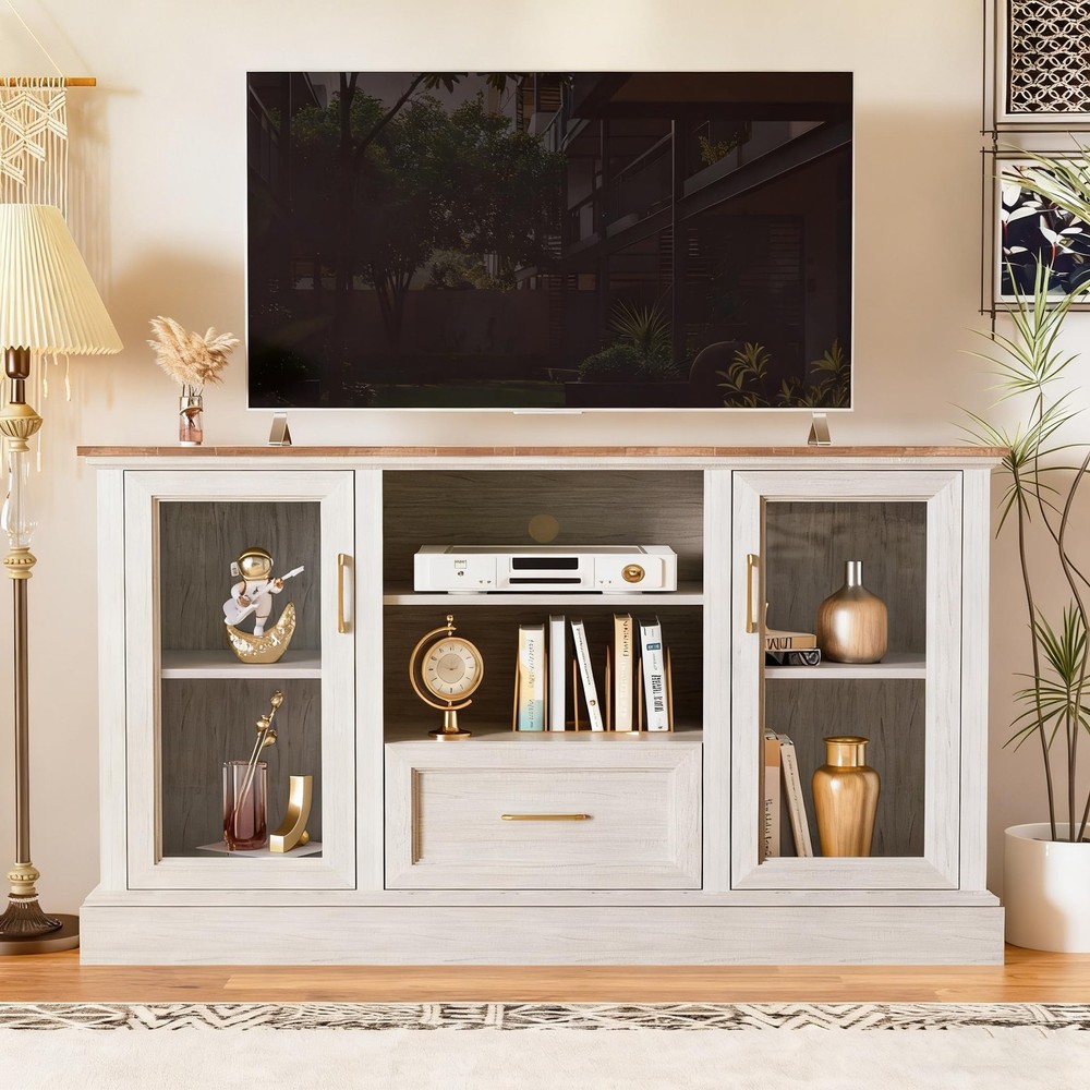 Farmhouse TV Stand for 55/60/65 Inch TV, Tall Media Console with 2 Glass Doors