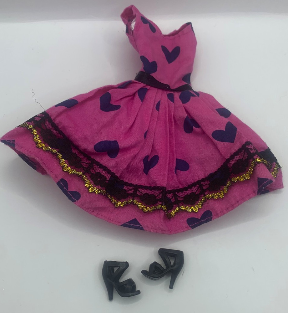 Vintage Barbie Doll Possbly Clone Outfit Fashions Pink Heart Dress Shoes Lace