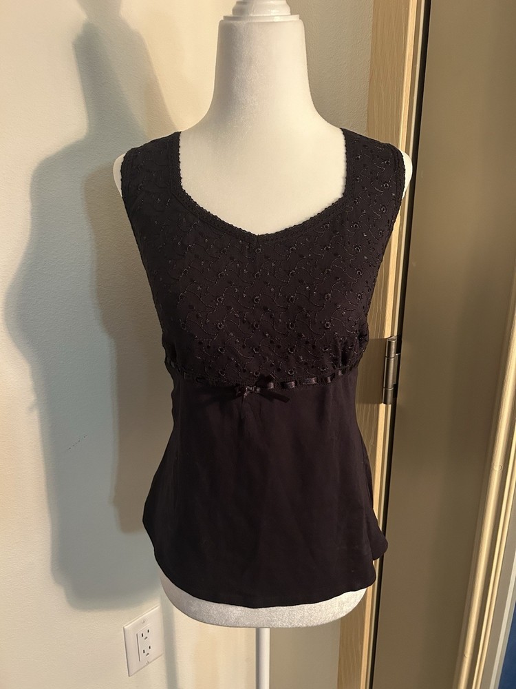 Vintage Lace Eyelet V Neck Black Bow Tank Top 90s Whimsigoth Coquette Feminine