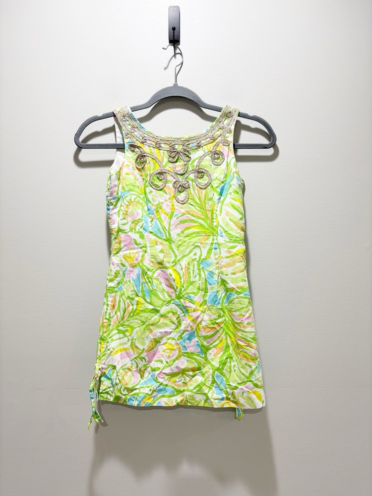 Lilly Pulitzer Girls Colorful Tropical Shift Dress Embellished Neck Detail Sz 10
