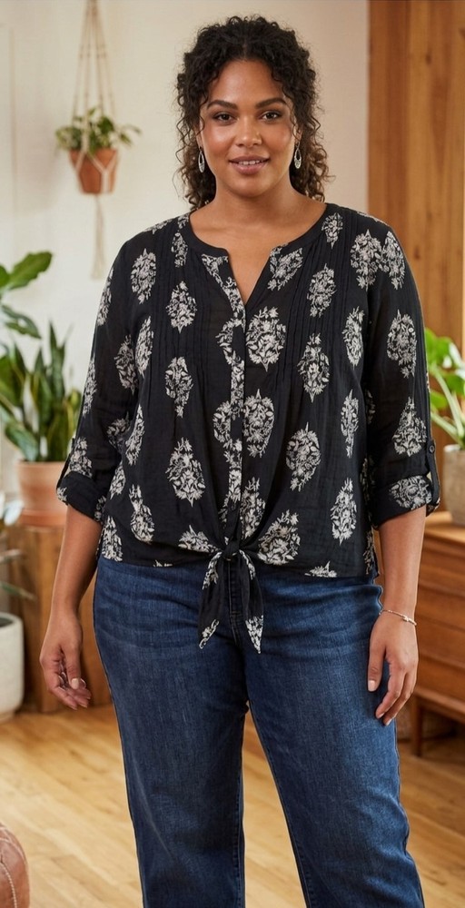 Lucky Brand Size 2X Womens Black Abstract Button Up Top Floral Flowy Comfy Soft