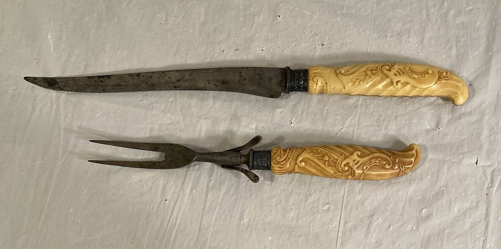 Vintage Carving Set Fork and Knife w/ Decorative Celluloid Handles