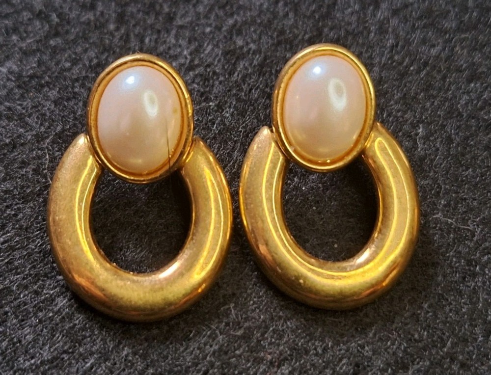 Vintage Napier Door Knocker Earrings Gold tone Post Faux Pearl Cabochon