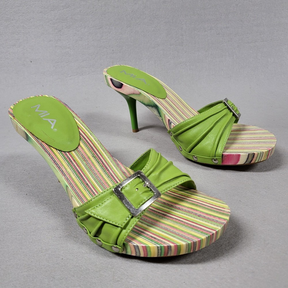 MIA Shoes Women Wooden Heel Sandal Leather Green Rainbow Psychedelic Y2K Style