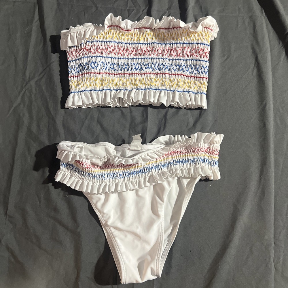Shein Colorful Striped Ruffled Bandeau Strapless Bikini Swim Suit- Size Large