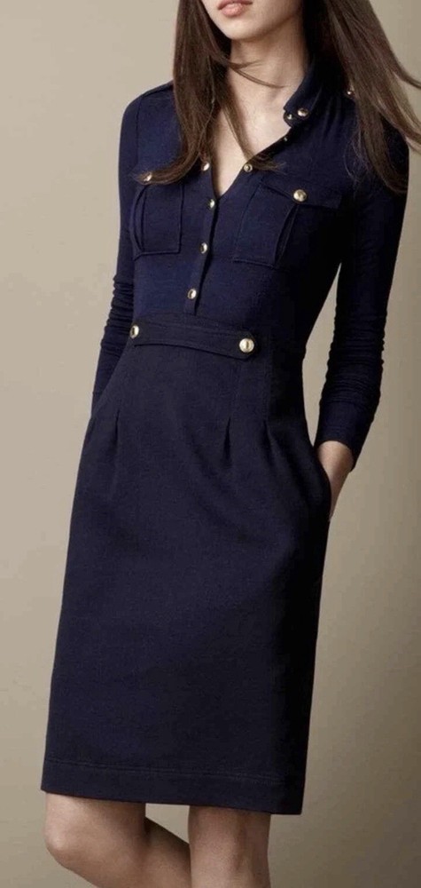 Burberry Women Midi Wool Dark Navy Dress Size 12 US