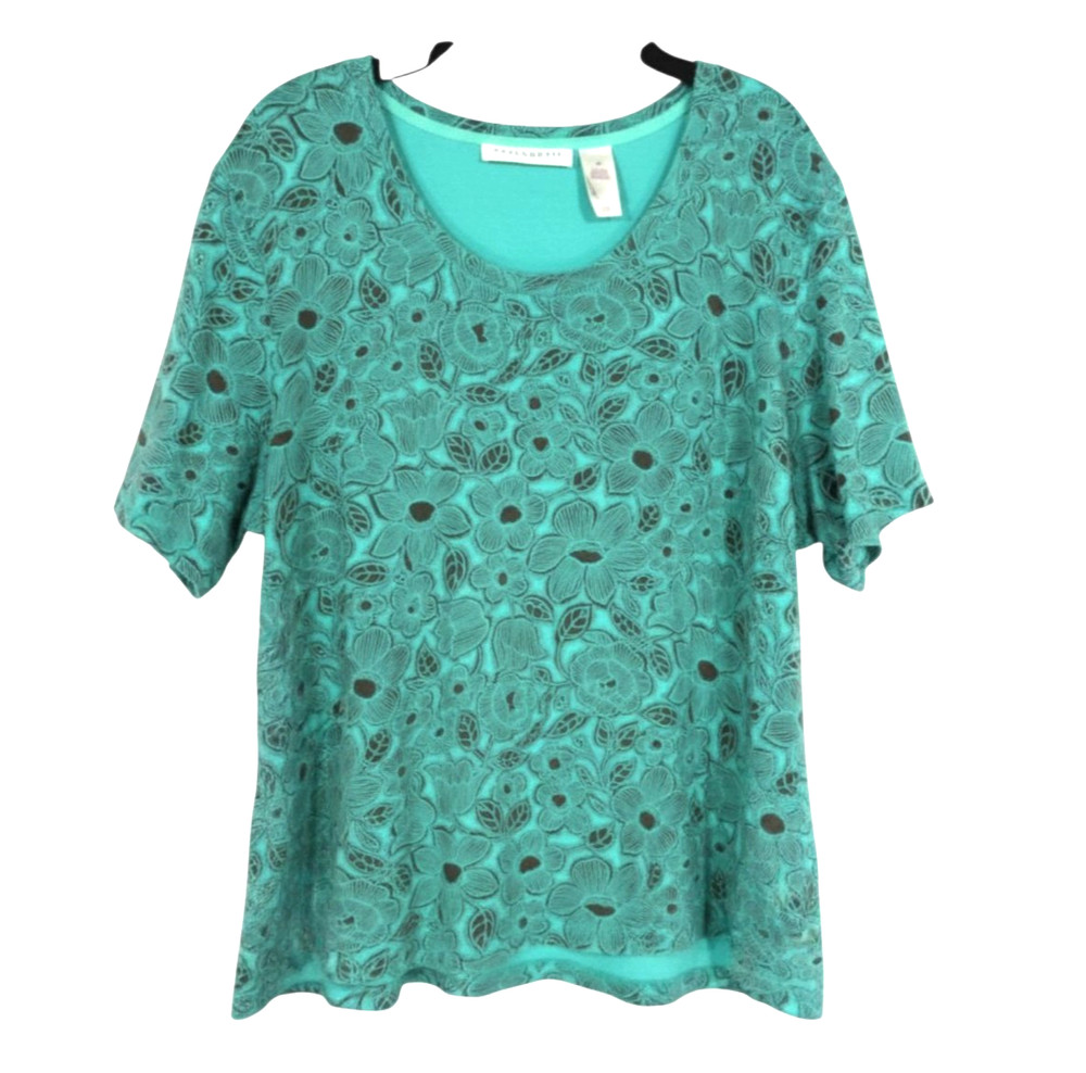 VTG ELISABETH Green BROWN FLORAL PRINT Scoop Neck SOFT COTTON Blouse/Top Sz 3X