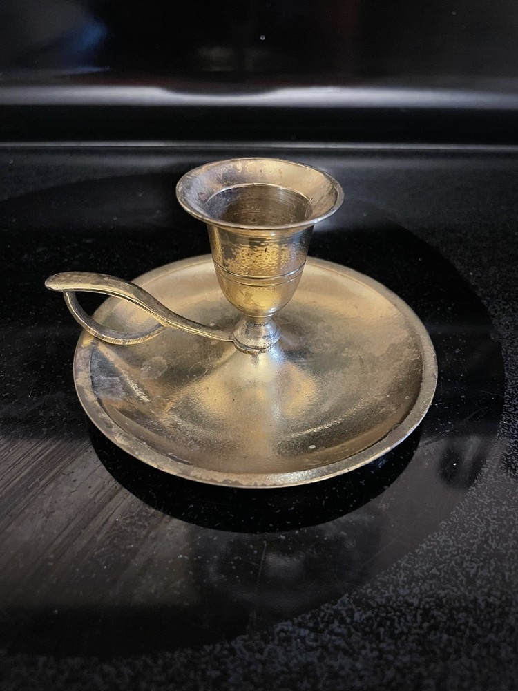 Vintage Brass Chamber Candle Stick Holder With Finger Loop & Drip Tray 4”