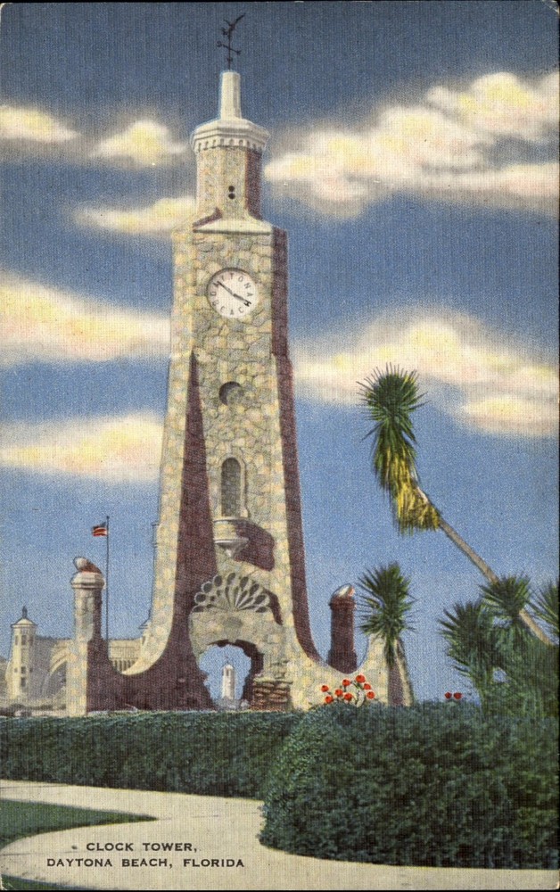 Clock Tower ~ Daytona Beach Florida FL ~ 1940s vintage postcard