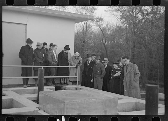Photo:1930s Men Inspect Water Treatment Plant Concrete Basin