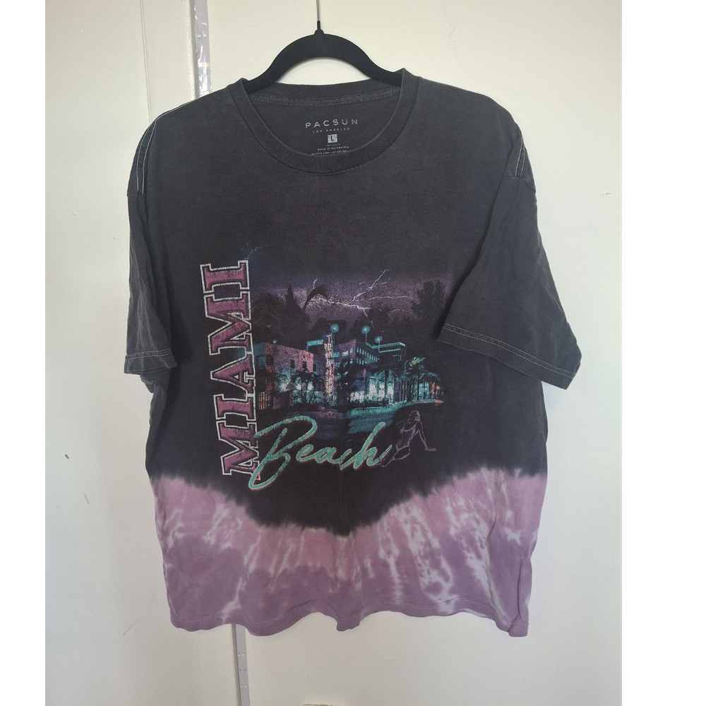 PacSun Men's L Black Purple Miami Beach Tie-Dye Graphic Crew T-Shirt