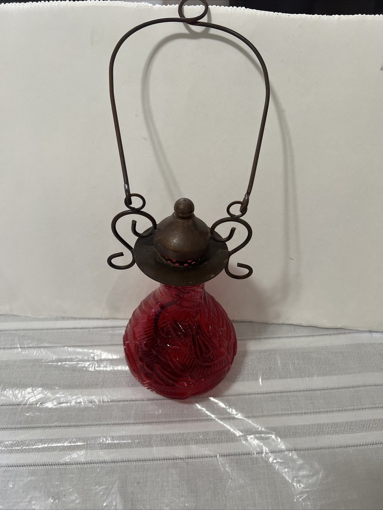 Vintage Metal & Amber Glass  Hanging Swag Candle Lamp