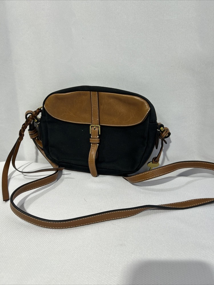 Fossil Pebbled Leather Canvas Crossbody Handbag Shoulder Bag Purse Brown Black.