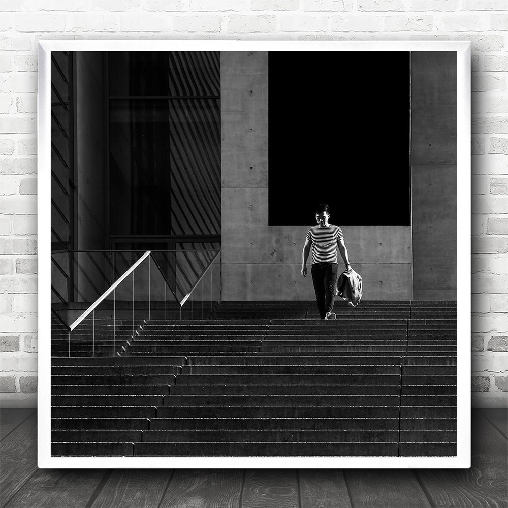 Street Stairs Reflection Man Stripes Black And White Square Wall Art Print