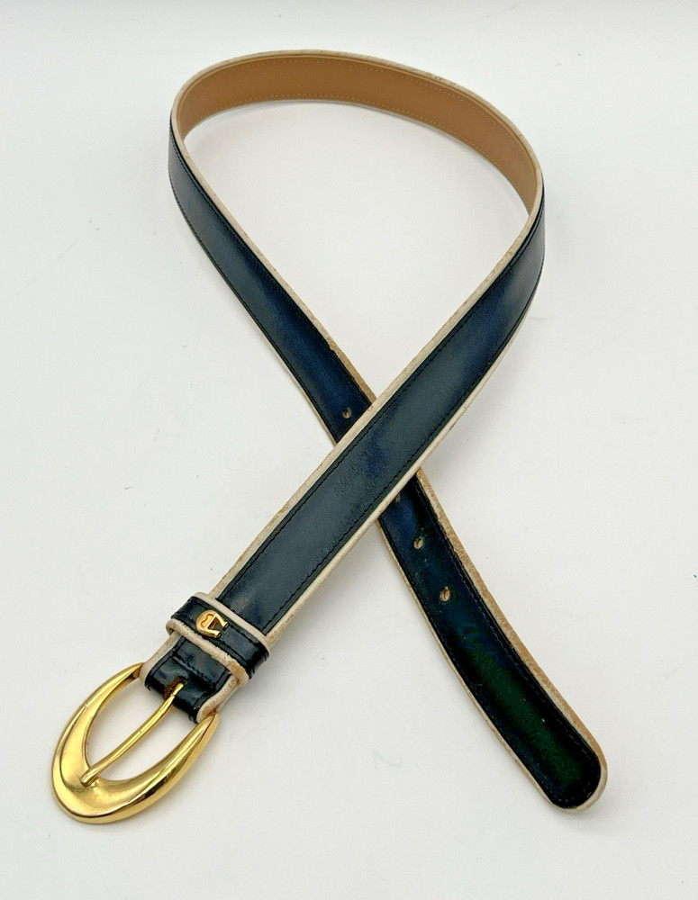 Classic Etienne Aigner Black Leather Belt Logo Womens Sz L Gold Buckle 12132A