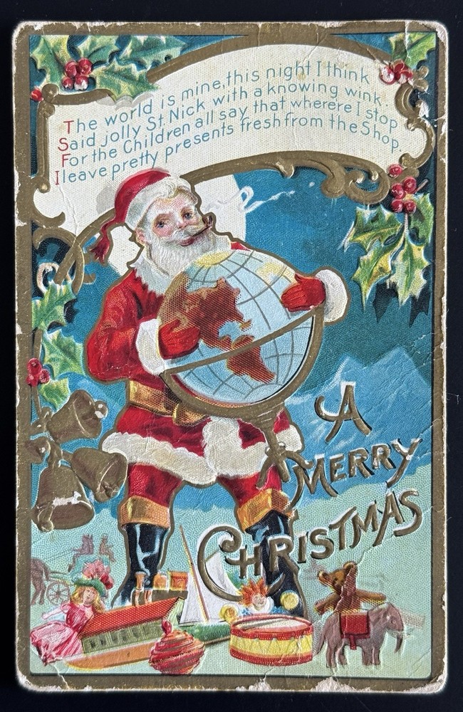 Antique Embossed Santa Holding Globe Christmas Postcard Kris Kringle 1909
