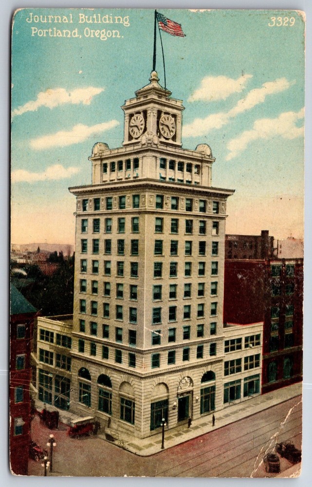 Portland Oregon~Journal Bldg Birds Eye View~US Flag~PM 1915~Vintage Postcard