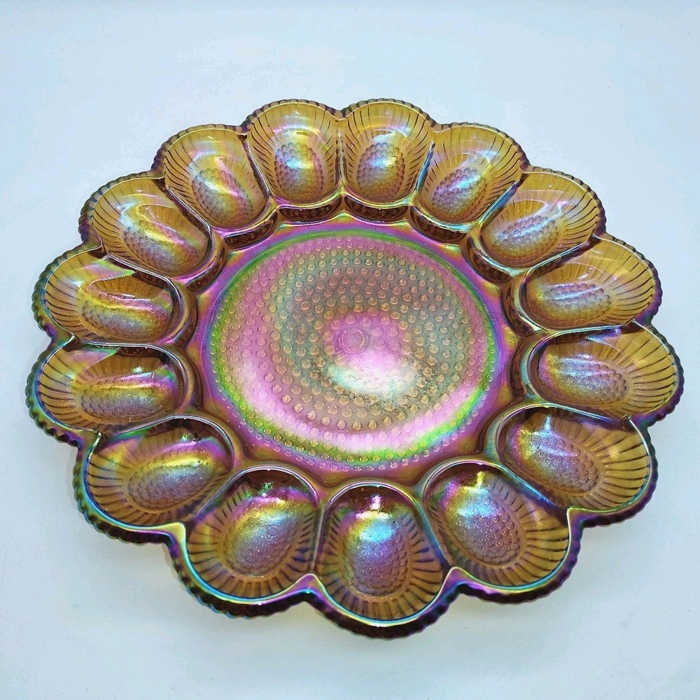 Indiana Carnival Glass Deviled Egg Dish Plate Iridescent Amber Hobnail 11.5