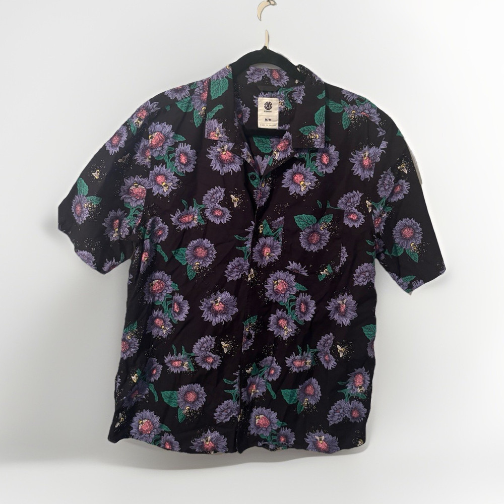 Element Men's Floral Short Sleeve Button-Up Shirt Black Purple Green Size M
