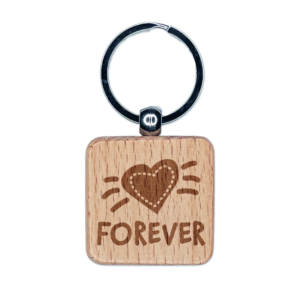 Forever Love Heart Engraved Wood Square Keychain Tag Charm