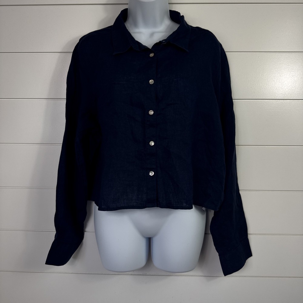 NWT Cynthia Rowley 100% Linen Button Front Shirt Cropped Navy Blue sz XL