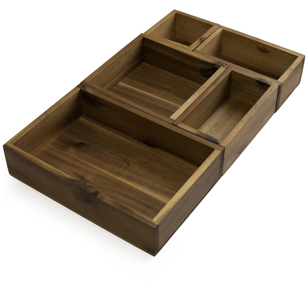 Acacia Drawer Organizer Set of 5, Cabinet Container Box, Wood Bin Set in Vari...-image
