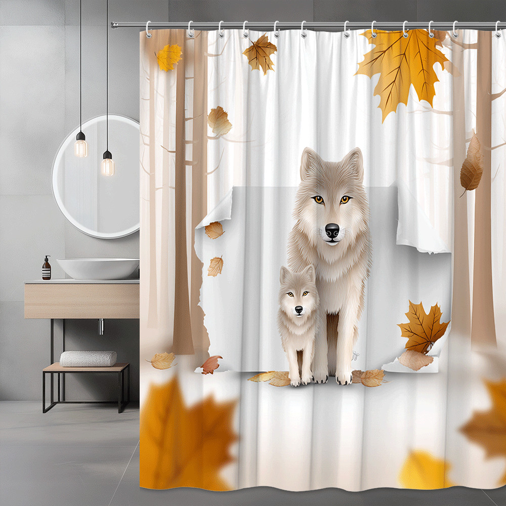 Wolf Shower Curtain Autumn Forest Leaves Printed Decor
